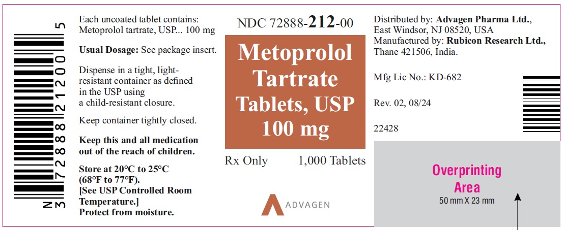 Metoprolol Tartrate Tablets, USP 100 mg - NDC: <a href=/NDC/72888-212-00>72888-212-00</a>- 1000s Bottle Label