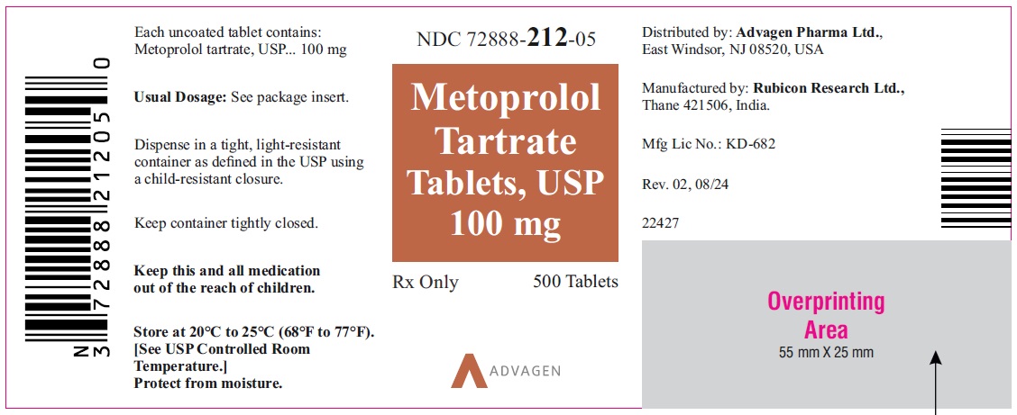 Metoprolol Tartrate Tablets, USP 100 mg - NDC: <a href=/NDC/72888-212-05>72888-212-05</a> - 500s Bottle Label