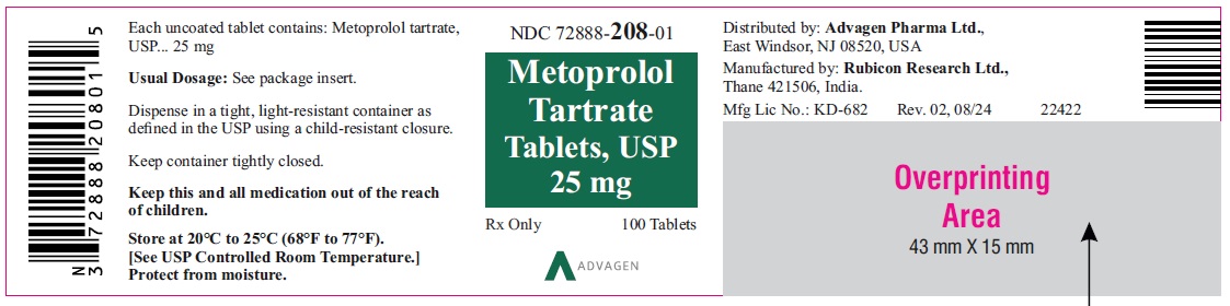 Metoprolol Tartrate Tablets, USP 25 mg - NDC: <a href=/NDC/72888-208-01>72888-208-01</a> - 100s Bottle Label