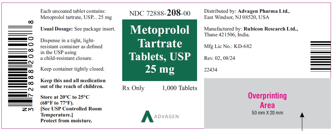 Metoprolol Tartrate Tablets, USP 25 mg - NDC: <a href=/NDC/72888-208-00>72888-208-00</a> - 1000s Bottle Label