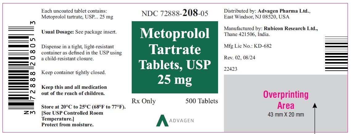 Metoprolol Tartrate Tablets, USP 25 mg - NDC: <a href=/NDC/72888-208-05>72888-208-05</a> - 500s Bottle Label