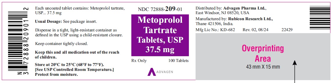 Metoprolol Tartrate Tablets, USP 37.5 mg - NDC: <a href=/NDC/72888-209-01>72888-209-01</a> - 100s Bottle Label