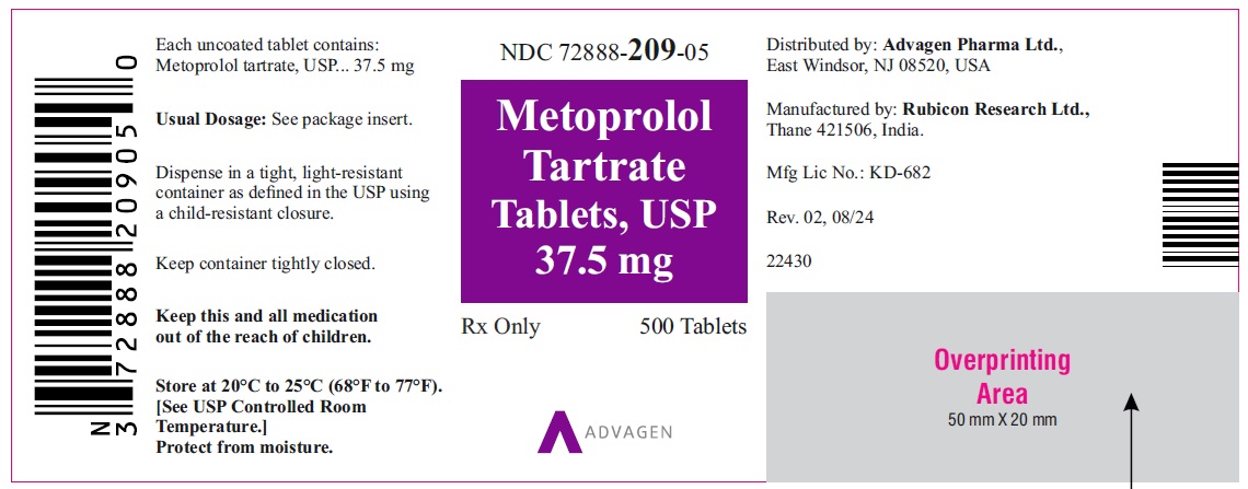 Metoprolol Tartrate Tablets, USP 37.5 mg - NDC: <a href=/NDC/72888-209-05>72888-209-05</a> - 500s Bottle Label