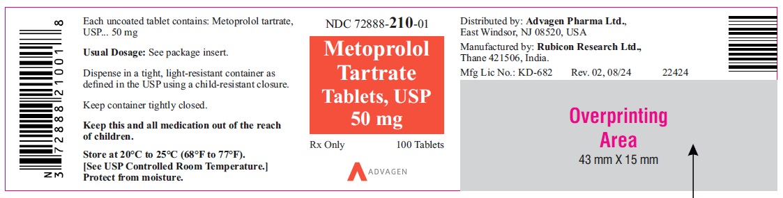 Metoprolol Tartrate Tablets, USP 50 mg - NDC: <a href=/NDC/72888-210-01>72888-210-01</a> - 100s Bottle Label