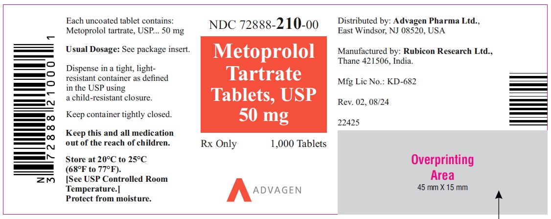 Metoprolol Tartrate Tablets, USP 50 mg - NDC: <a href=/NDC/72888-210-00>72888-210-00</a> - 1000s Bottle Label