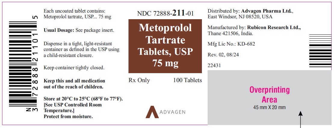 Metoprolol Tartrate Tablets, USP 75 mg - NDC: <a href=/NDC/72888-211-01>72888-211-01</a> - 100s Bottle Label