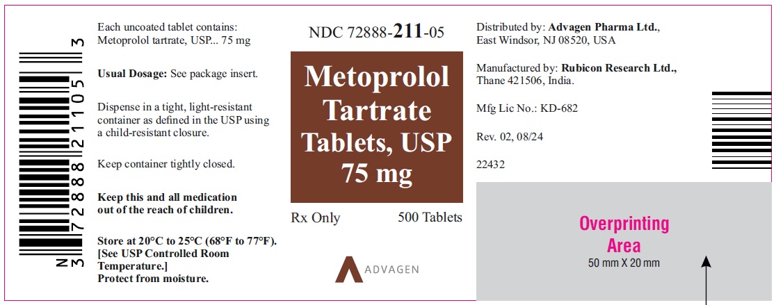 Metoprolol Tartrate Tablets, USP 75 mg - NDC: <a href=/NDC/72888-211-05>72888-211-05</a> - 500s Bottle Label