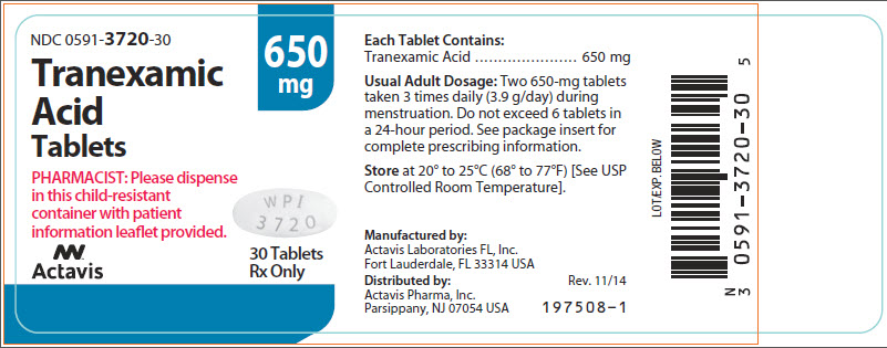 NDC: <a href=/NDC/0591-3720-30>0591-3720-30</a> Tranexamic Acid Tablets 650 mg PHARMACIST: PLEASE DISPENSE IN THIS CHILD-RESISTANT CONTAINER WITH PATIENT INFORMATION LEAFLET PROVIDED. Watson 30 Tablets Rx only