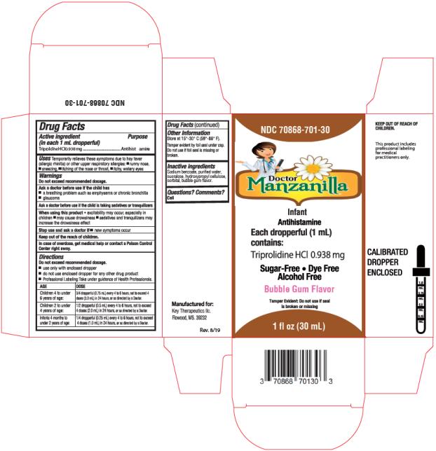 PRINCIPAL DISPLAY PANEL
NDC: <a href=/NDC/70868-701-30>70868-701-30</a>
Dr. Manzanilla 
Infant
Antihistamine
Bubble Gum Flavor
1 fl oz (30 mL)
