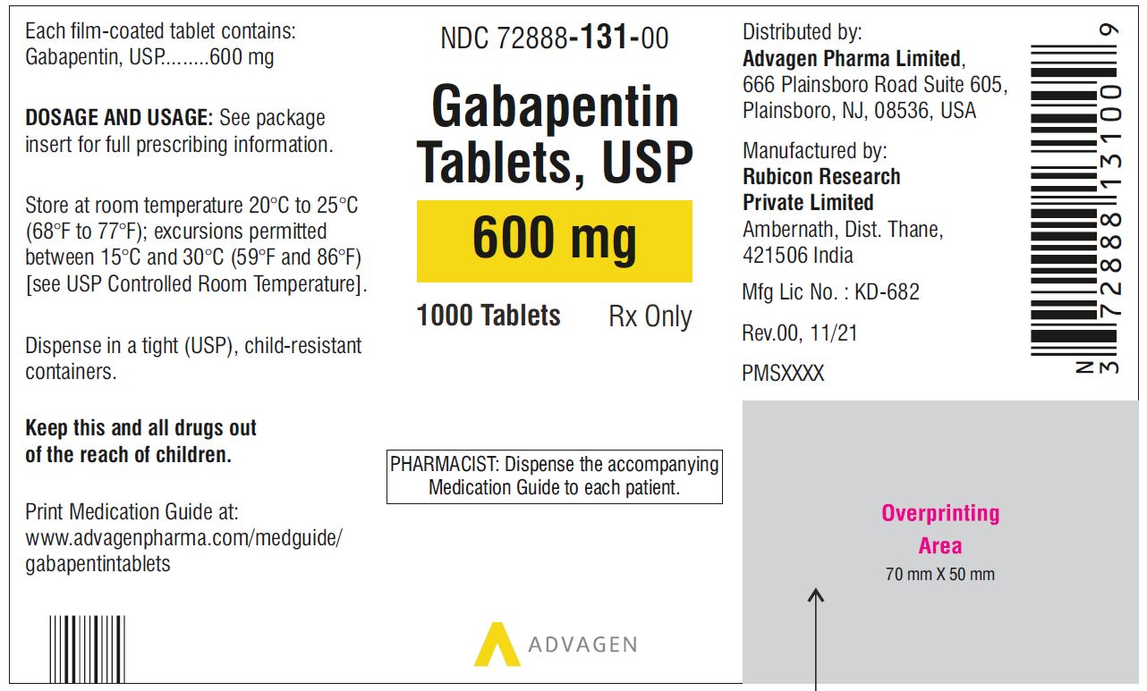 Gabapentin Tablets 600 mg - NDC: <a href=/NDC/72888-131-00>72888-131-00</a> - 1000 Tablets Label