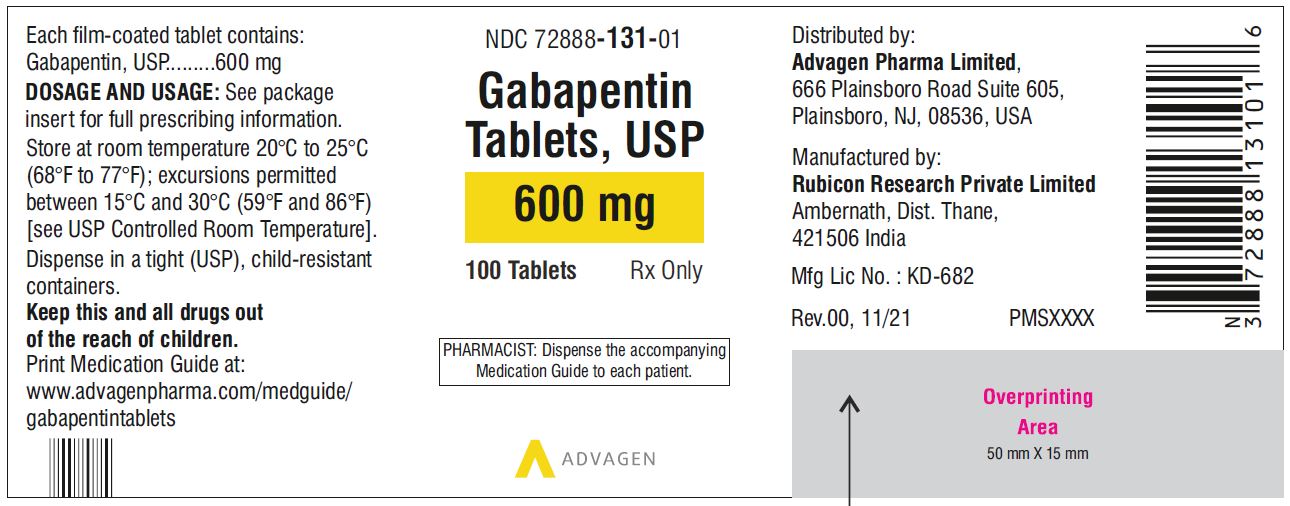 Gabapentin Tablets 600 mg - NDC: <a href=/NDC/72888-131-01>72888-131-01</a> - 100 Tablets Label