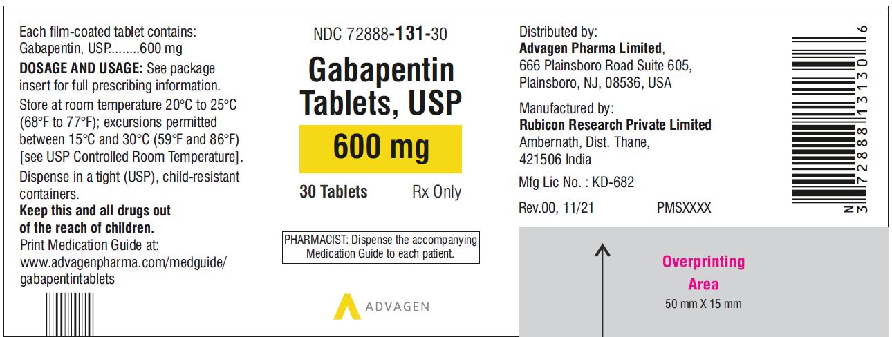 Gabapentin Tablets 600 mg - NDC: <a href=/NDC/72888-131-30>72888-131-30</a> - 30 Tablets Label