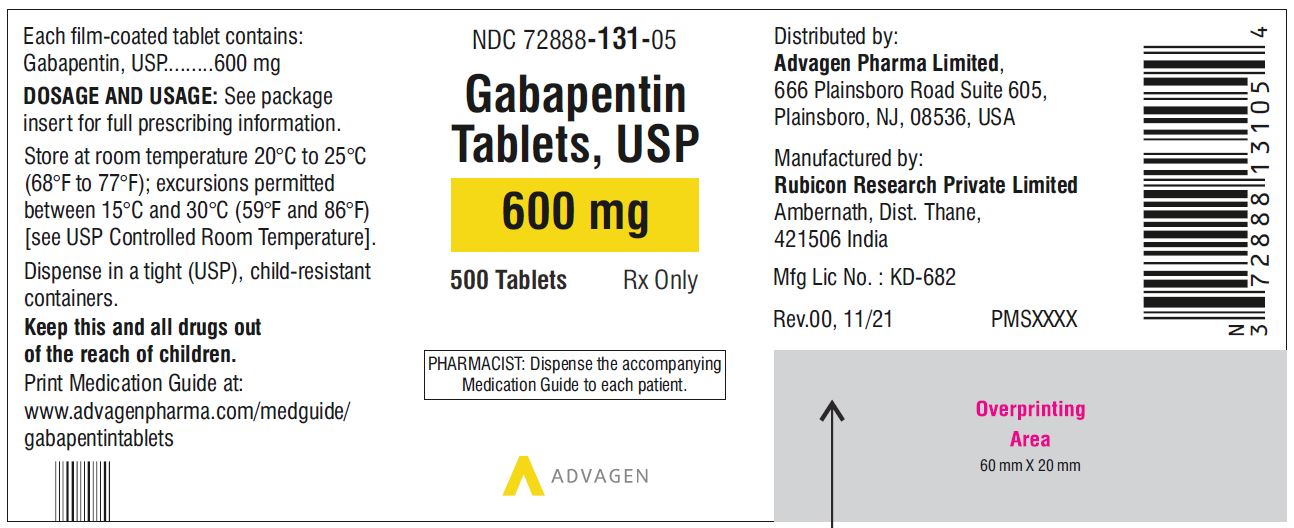 Gabapentin Tablets 600 mg - NDC: <a href=/NDC/72888-131-05>72888-131-05</a> - 500 Tablets Label