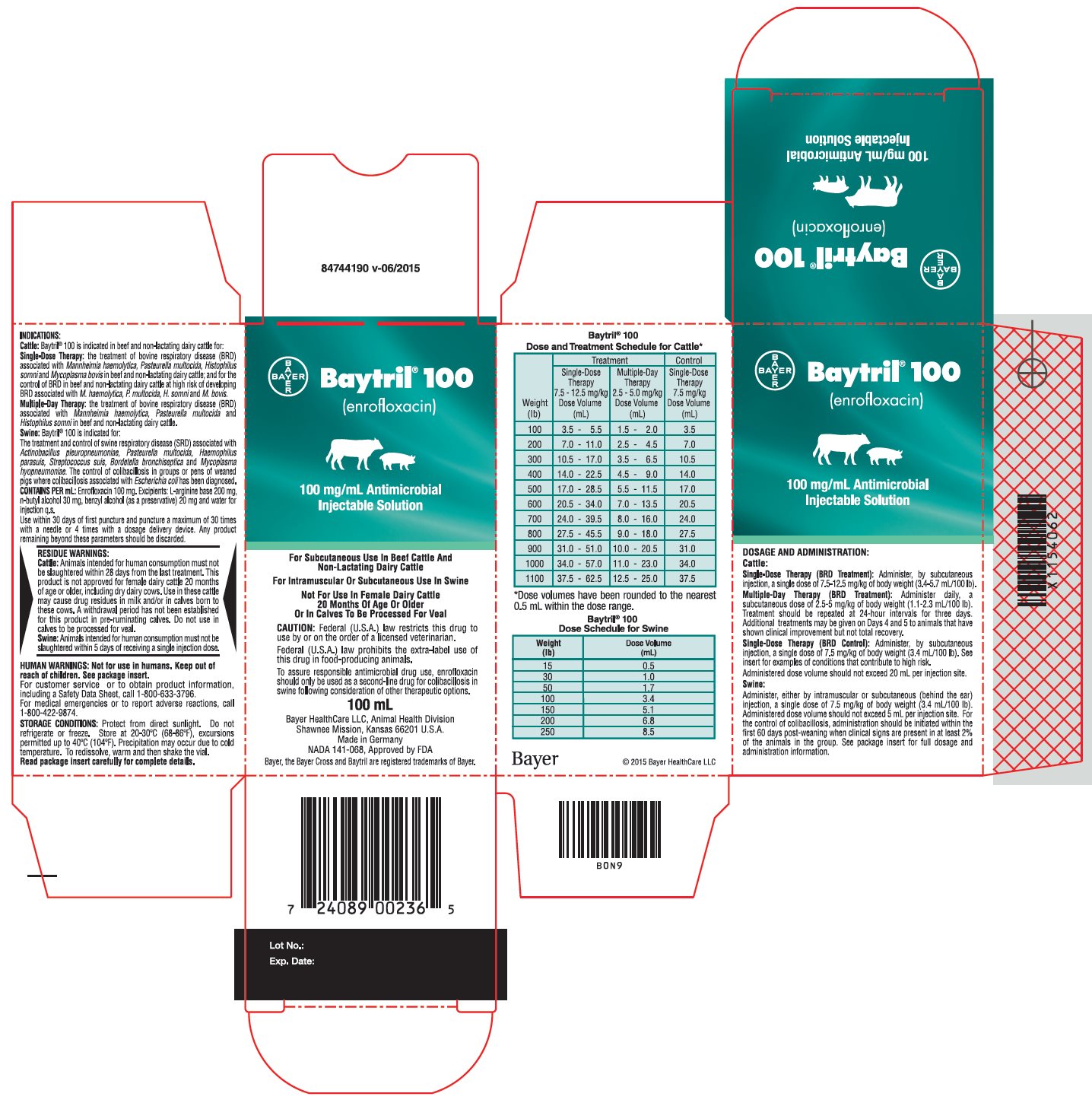 Baytril 100 (enrofloxacin) 100 mg/mL Antimicrobial Injectable Solution 100 mL Carton Label