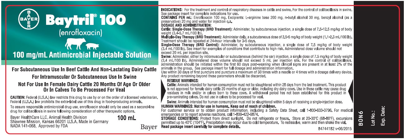 Baytril 100 (enrofloxacin) 100 mg/mL Antimicrobial Injectable Solution 100 mL Bottle Label