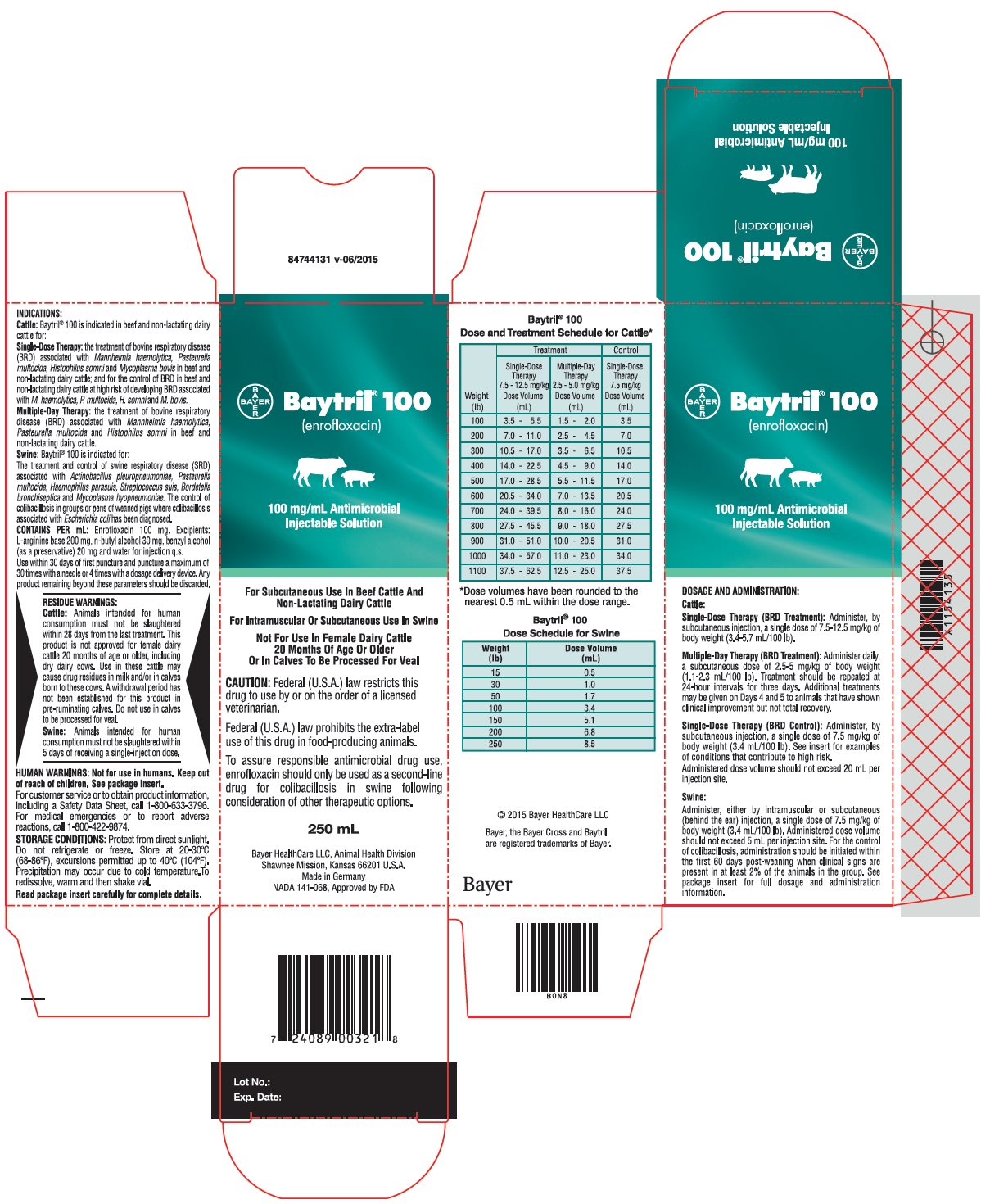 Baytril 100 (enrofloxacin) 100 mg/mL Antimicrobial Injectable Solution 250 mL Carton Label