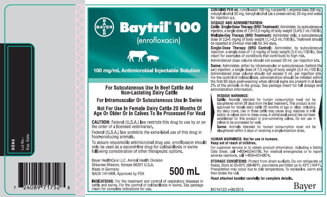 Baytril 100 (enrofloxacin) 100 mg/mL Antimicrobial Injectable Solution 500 mL Bottle Label