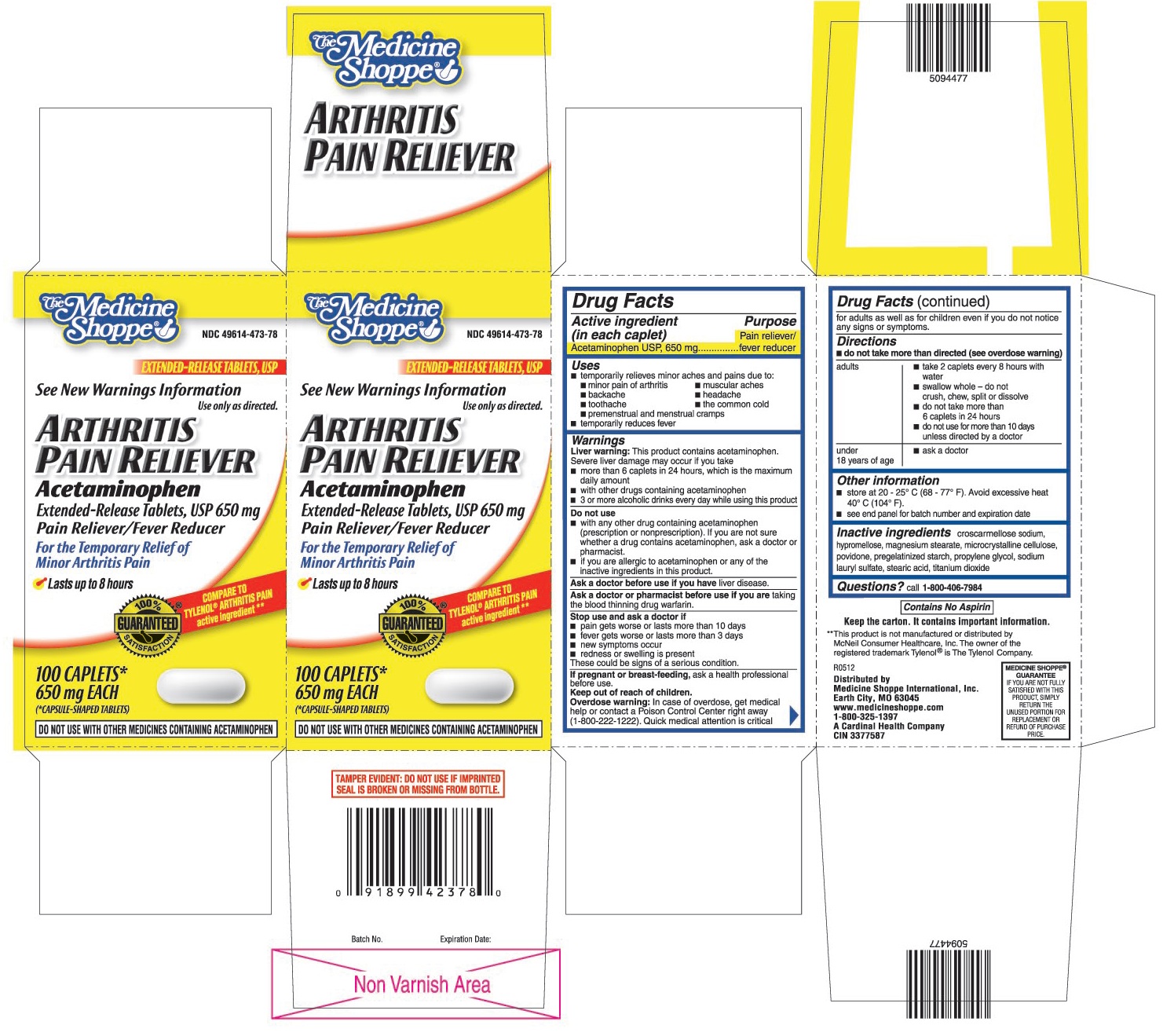 This is the 100 count bottle carton label for Medshoppe arthritis pain reliever Acetaminophen extended-release tablets, USP 650 mg.