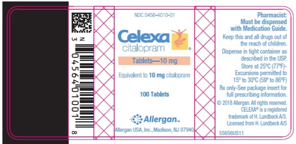 NDC: <a href=/NDC/0456-4010-01>0456-4010-01</a>
Celexa
citalopram
Tablets – 10 mg
100 Tablets
