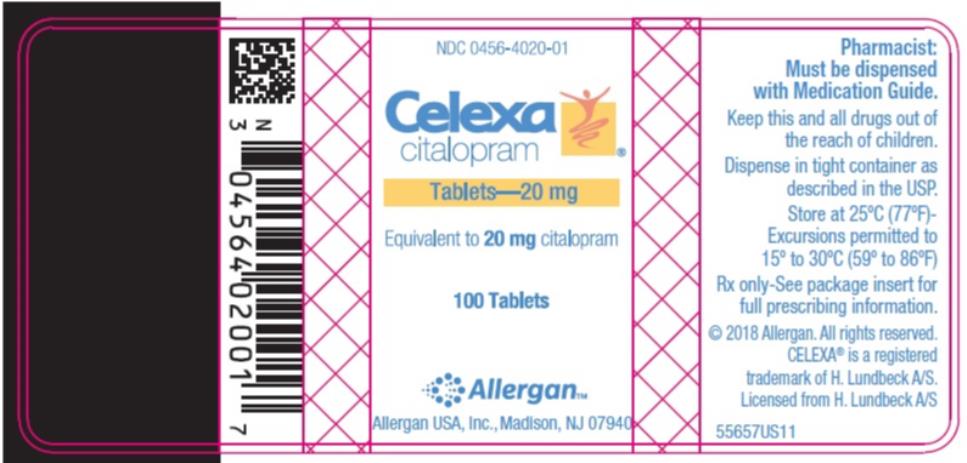 NDC: <a href=/NDC/0456-4020-01>0456-4020-01</a>
Celexa
citalopram
Tablets – 20 mg
100 Tablets
