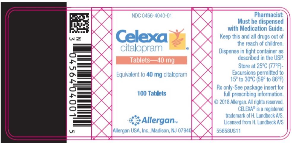 NDC: <a href=/NDC/0456-4040-01>0456-4040-01</a>
Celexa
citalopram
Tablets – 40 mg
100 Tablets
