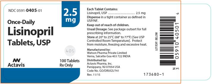 NDC: <a href=/NDC/0591-0405-01>0591-0405-01</a> Lisinopril Tablets, USP 100 Tablets Rx Only