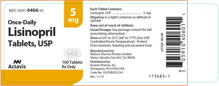 NDC: <a href=/NDC/0591-0406-01>0591-0406-01</a> Lisinopril Tablets, USP 100 Tablets Rx Only