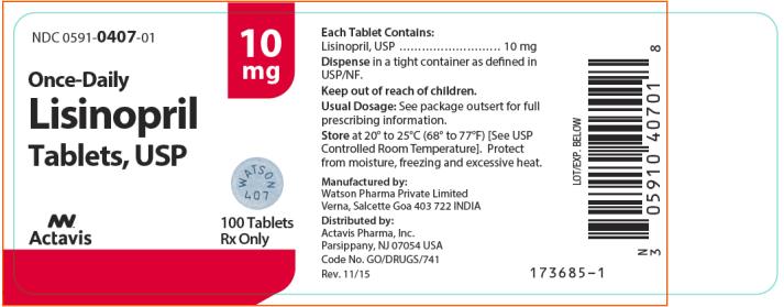 NDC: <a href=/NDC/0591-0407-01>0591-0407-01</a> Lisinopril Tablets, USP 100 Tablets Rx Only