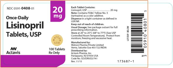 NDC: <a href=/NDC/0591-0408-01>0591-0408-01</a> Lisinopril Tablets, USP 100 Tablets Rx Only