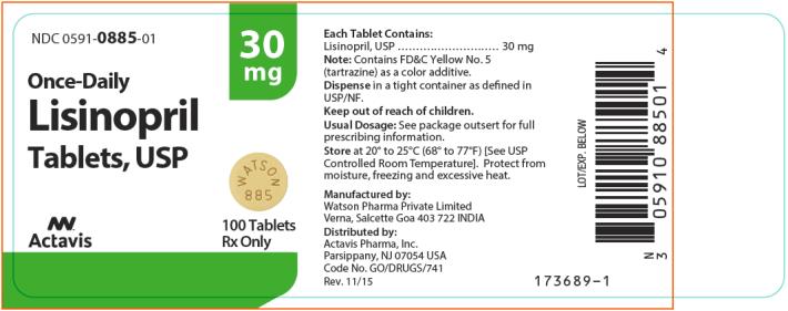 NDC: <a href=/NDC/0591-0885-01>0591-0885-01</a> Lisinopril Tablets, USP 100 Tablets Rx Only