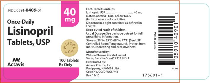 NDC: <a href=/NDC/0591-0409-01>0591-0409-01</a> Lisinopril Tablets, USP 100 Tablets Rx Only