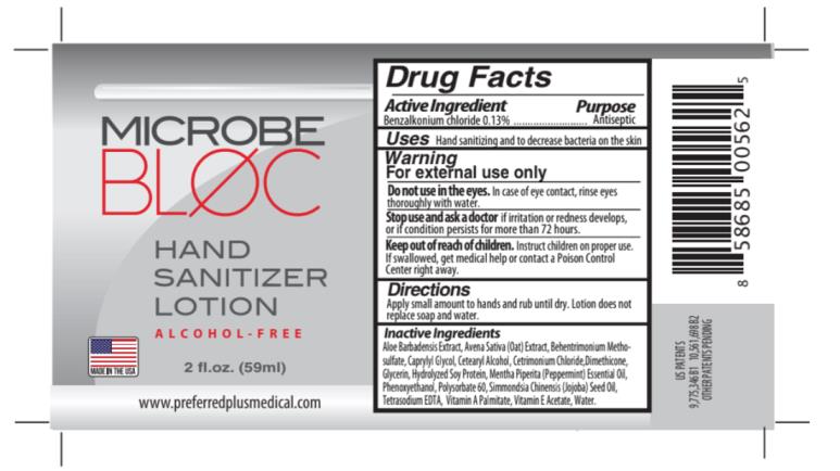 MICROBE
BLOC
HAND SANITIZER LOTION
ALCOHOL-FREE
2 fl. oz. (59mL)
www.preferredplusmedical.com
