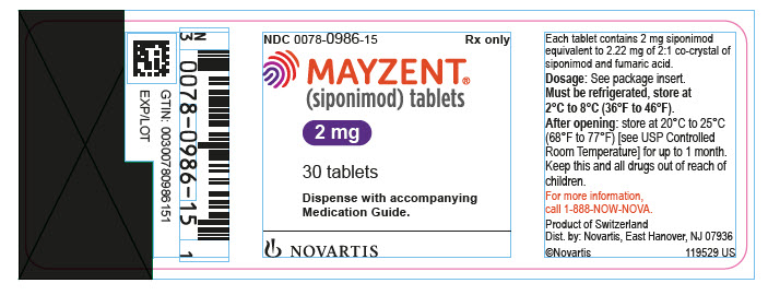 PRINCIPAL DISPLAY PANEL
								NDC: <a href=/NDC/0078-0986-15>0078-0986-15</a>
								Rx only
								MAYZENT®
								(siponimod) tablets
								2 mg
								30 tablets
								Dispense with accompanying Medication Guide.
								NOVARTIS
							
