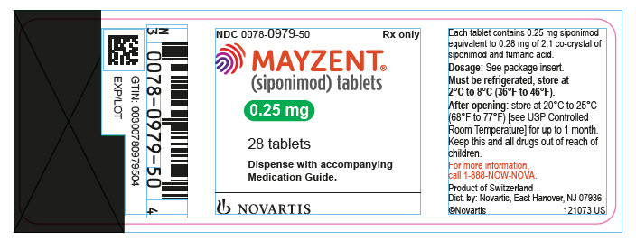 PRINCIPAL DISPLAY PANEL
								NDC: <a href=/NDC/0078-0979-50>0078-0979-50</a>
								Rx only
								MAYZENT®
								(siponimod) tablets
								0.25 mg
								28 tablets
								Dispense with accompanying Medication Guide.
								NOVARTIS
							