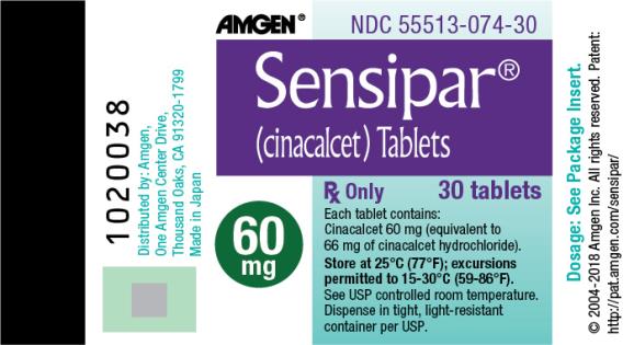 PRINCIPAL DISPLAY PANEL
AMGEN®
NDC: <a href=/NDC/55513-074-30>55513-074-30</a>
Sensipar®
(cinacalcet ) Tablets
Rx Only 
30 tablets
60 mg
Each tablet contains :
Cinacalcet 60 mg (equivalent to 66 mg of cinacalcet hydrochloride).
Store at 25°C (77°F); excursions permitted to 15-30°C (59-86°F).
See USP controlled room temperature.
Dispense in tight, light-resistant container per USP.
Dosage : See Package Insert.
© 2004-2018 Amgen Inc. All rights reserved.
Patent : http://pat.amgen.com/sensipar/
Distributed by : Amgen,
One Amgen Center Drive,
Thousand Oaks, CA 91320-1799
Made in Japan
