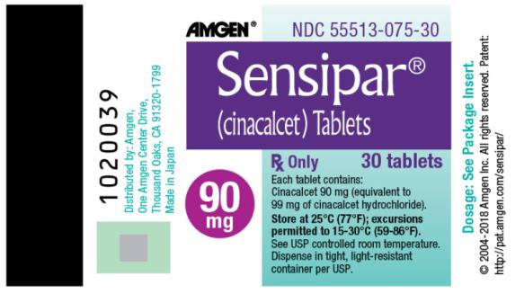 PRINCIPAL DISPLAY PANEL
AMGEN®
NDC: <a href=/NDC/55513-075-30>55513-075-30</a>
Sensipar®
(cinacalcet ) Tablets
Rx Only 
30 tablets
90 mg
Each tablet contains :
Cinacalcet 90 mg (equivalent to 99 mg of cinacalcet hydrochloride).
Store at 25°C (77°F); excursions permitted to 15-30°C (59-86°F).
See USP controlled room temperature.
Dispense in tight, light-resistant container per USP.
Dosage : See Package Insert.
© 2004-2018 Amgen Inc. All rights reserved.
Patent : http://pat.amgen.com/sensipar/
Distributed by : Amgen,
One Amgen Center Drive,
Thousand Oaks, CA 91320-1799
Made in Japan
