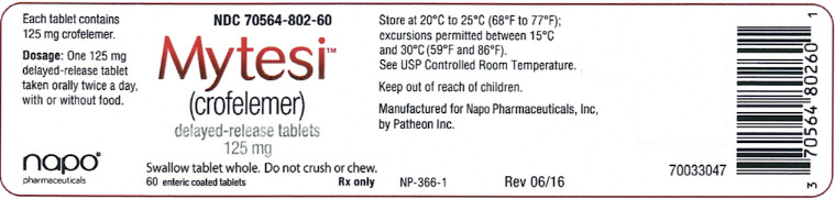 PRINCIPAL DISPLAY PANEL
NDC: <a href=/NDC/70564-802-60>70564-802-60</a> Mytesi (crofelemer) delayed-release tablets 125 mg Swallow tablet whole. Do not crush or chew. 60 enteric coated tablets Rx only