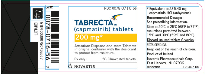 PRINCIPAL DISPLAY PANEL
								NDC: <a href=/NDC/0078-0716-56>0078-0716-56</a>
								TABRECTA™
								(capmatinib) tablets
								200 mg*
								Attention: Dispense and store Tabrecta
								in original container with the desiccant
								to protect from moisture.
								Rx only
								56 Film-coated tablets
								NOVARTIS