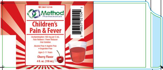 NDC: <a href=/NDC/58657-521-04>58657-521-04</a>
Method Pharmaceuticals
Children’s
Pain & Fever
Acetaminophen 160 mg per 5 mL
Cherry Flavor
4 fl. Oz. (118 mL)
