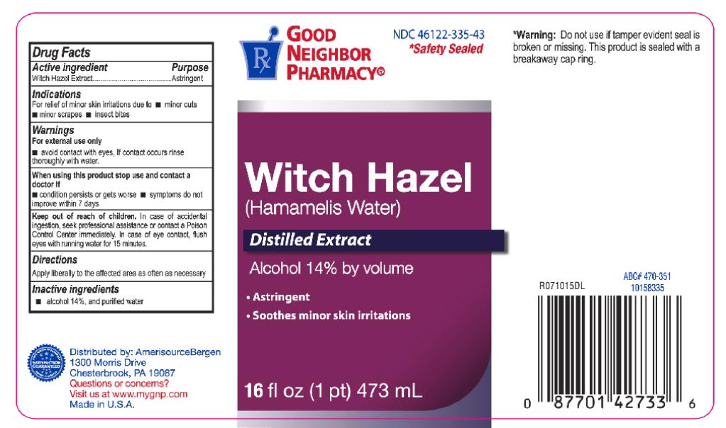 Principal Display Panel
NDC: <a href=/NDC/46122-335-43>46122-335-43</a>
Witch Hazel
(Hamamelis Water)
Distilled Extract
Alcohol 14% by volume
16 fl oz (1 pt) 473 mL
