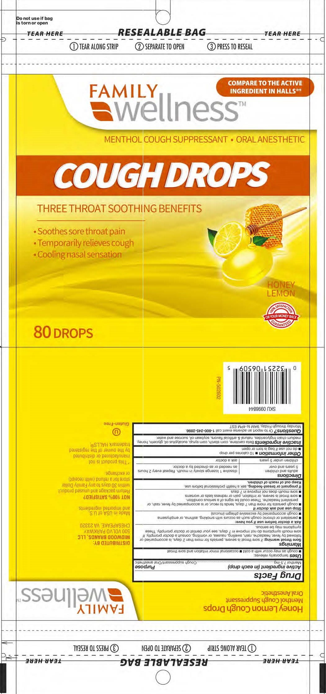Family Wellness Honey Lemon 80ct Cough Drops