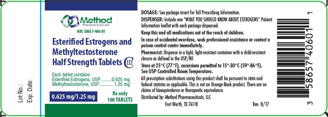 PRINCIPAL DISPLAY PANEL
NDC: <a href=/NDC/58657-406-01>58657-406-01</a>
Esterified Estrogens and
Methyltestosterone
Half strength Tablets
0.625 mg/ 1.25 mg
100 Tablets
Rx Only
