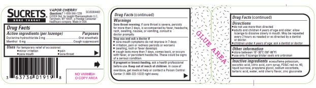 PRINCIPAL DISPLAY PANEL 
SUCRETS 
DYCLONINE / ORAL ANESTHETIC 
MENTHOL / COUGH SUPPRESSANT

VAPOR CHERRY
18 LOZENGES

