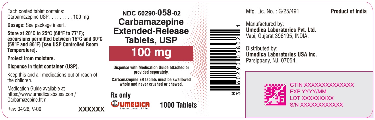 Carbamazepine Extended-Release Tablets USP, 100 mg - NDC: <a href=/NDC/60290-058-02>60290-058-02</a> - 1000's Bottle Label