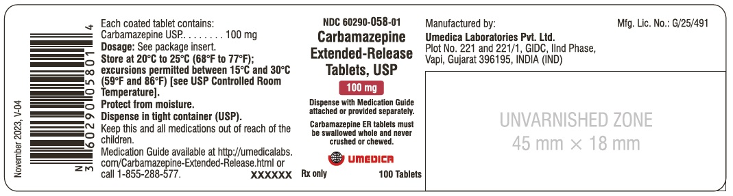 Carbamazepine Extended-Release Tablets USP, 100 mg - NDC: <a href=/NDC/60290-058-01>60290-058-01</a> - 100's Bottle Label