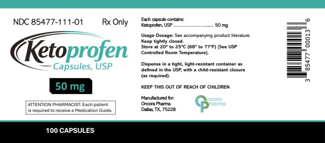 NDC: <a href=/NDC/85477-111-01>85477-111-01</a>
Rx Only
Ketoprofen
Capsules, USP
50 mg
100 CAPSULES

