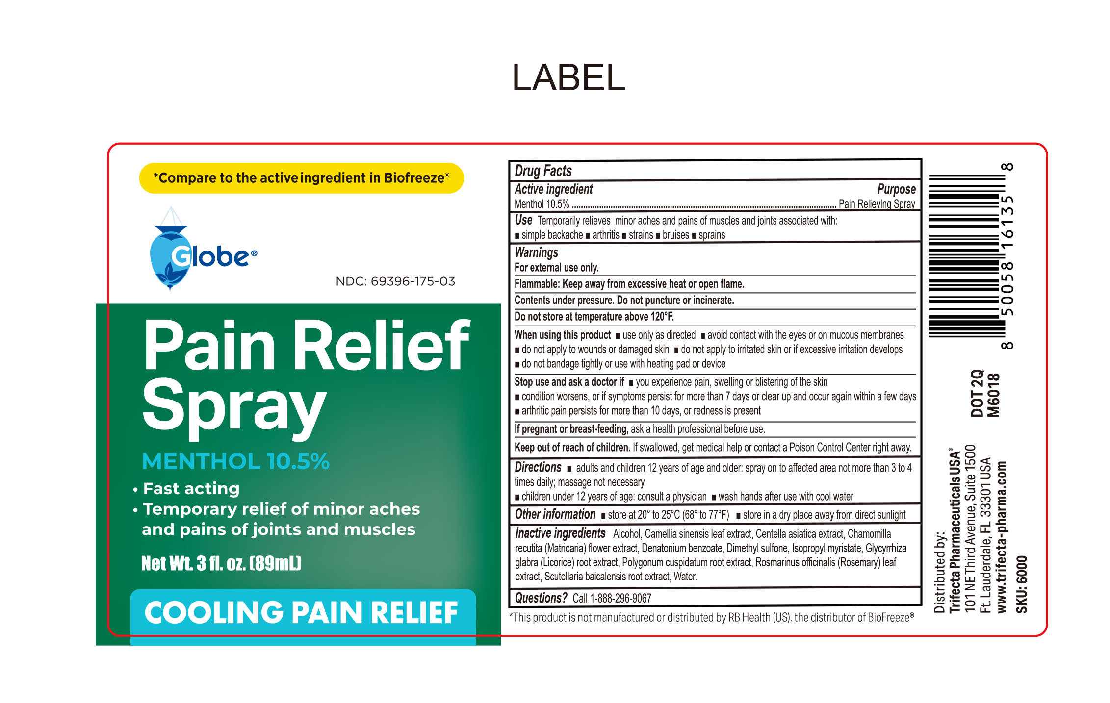 6000 Globe Menthol 10.5 PERCENT Pain Relief Spray 3oz 021226 CDER