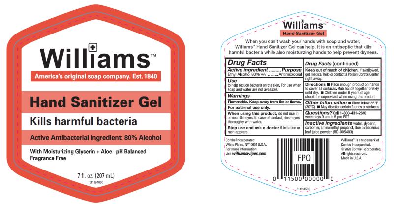 Williams
Hand Sanitizer Gel
Kills 99.99% of many common bacteria
Active Antibacterial Ingredient: 80% Alcohol
With Moisturizing Glycerin + Aloe | pH Balanced
Fragrance Free
7 fl. oz. (207 mL)
