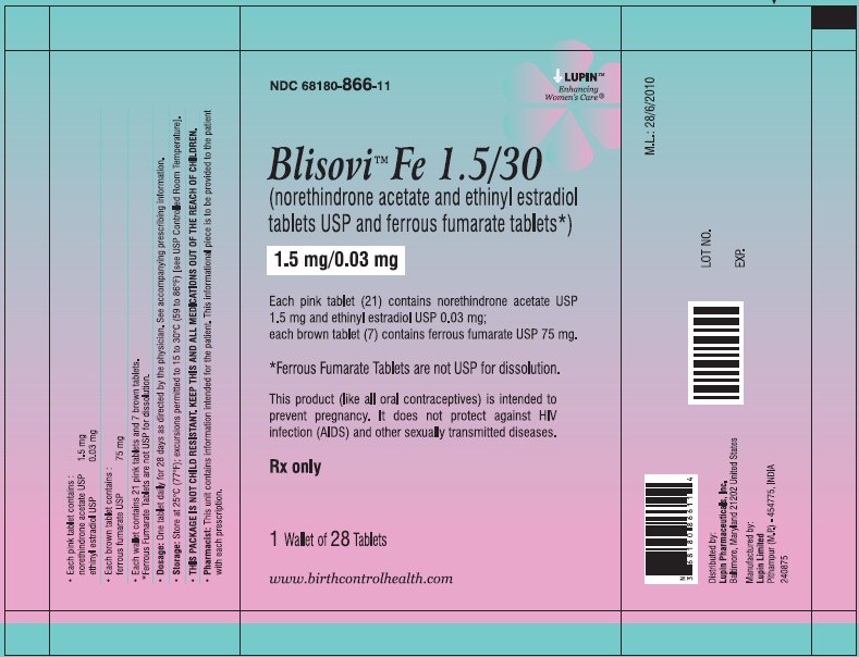 Blisovi Fe 1.5/30
(norethindrone acetate and ethinyl estradiol tablets USP and ferrous fumarate tablets)
1.5 mg/0.03 mg
NDC: <a href=/NDC/68180-866-11>68180-866-11</a>
							Pouch Pack: 1 Wallet of 28 Tablets