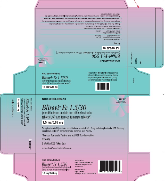 Blisovi Fe 1.5/30
(norethindrone acetate and ethinyl estradiol tablets USP and ferrous fumarate tablets)
1.5 mg/0.03 mg
NDC: <a href=/NDC/68180-866-13>68180-866-13</a>
							Carton: 3 Wallet of 28 Tablets Each